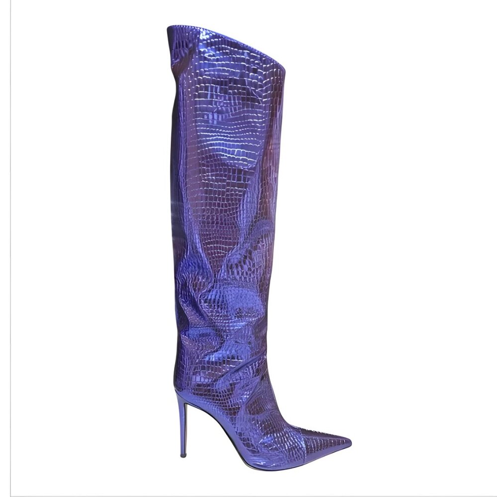 ALEXANDRE VAUTHIER | Metallic Blue Croc‑Embossed Patent Leather Knee‑High Boots - Picture 2 of 11